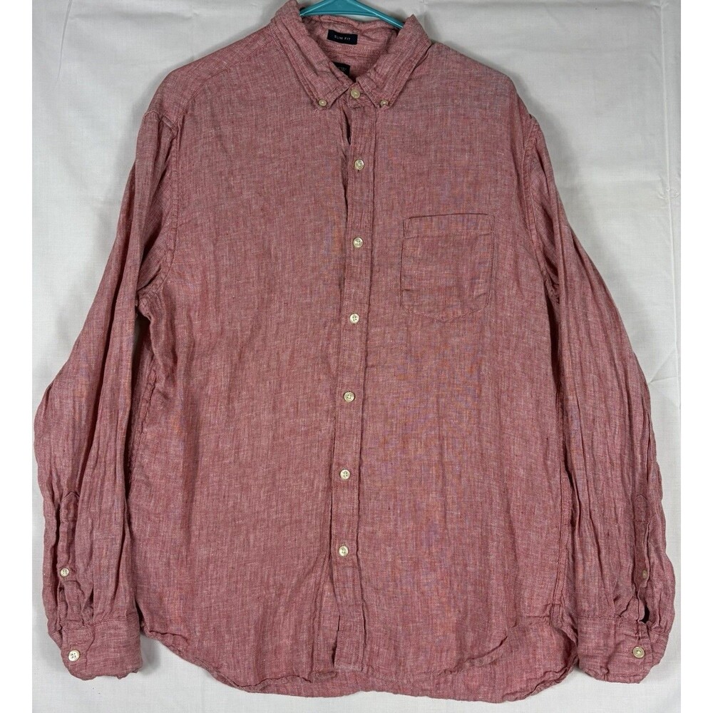 J Crew Slim Fit L/S Button Shirt 100% Linen Pink Men’s Large Preppy Casual